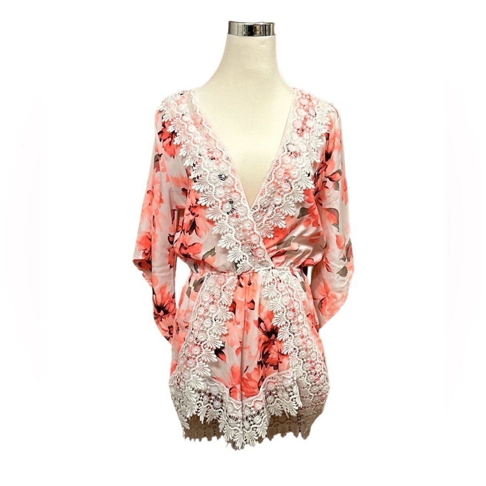 Cherry Mellow Women's Peach Orange Floral Romper Shorts Tropical Size Medium